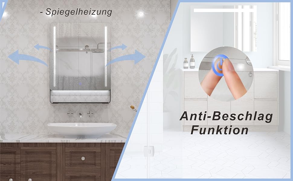 Дзеркало для ванної кімнати AQUABATOS 50x70 см LED з підсвічуванням, сенсорне керування, холодний білий (6400K), IP44, CE, енергозберігаюче