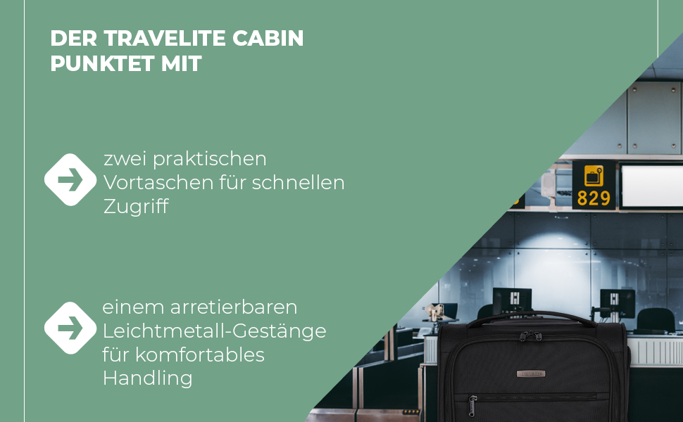 Чемодан ручної поклажі Travelite, 43 см, 28 л, з сумкою для ліквідів, 2 колеса, чорний