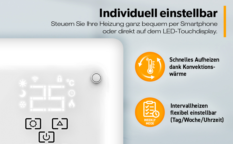 Конвектор TRESKO® 2000W з Wi-Fi, LED-дисплеєм та таймером | Електрична скляна панель опалення | Білий | 2000 Вт