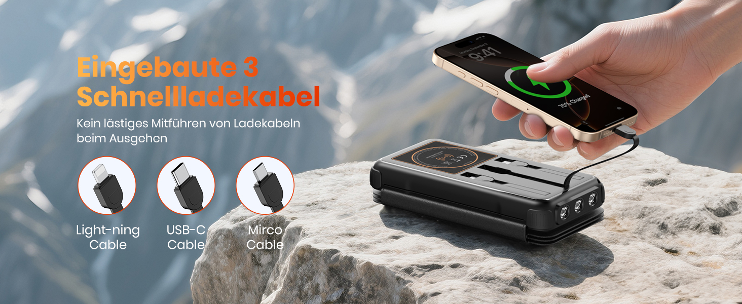 Power Bank Bilivein 25000mAh з сонячною зарядкою, 3 кабелі, 20W, LED, USB-C, для активного відпочинку