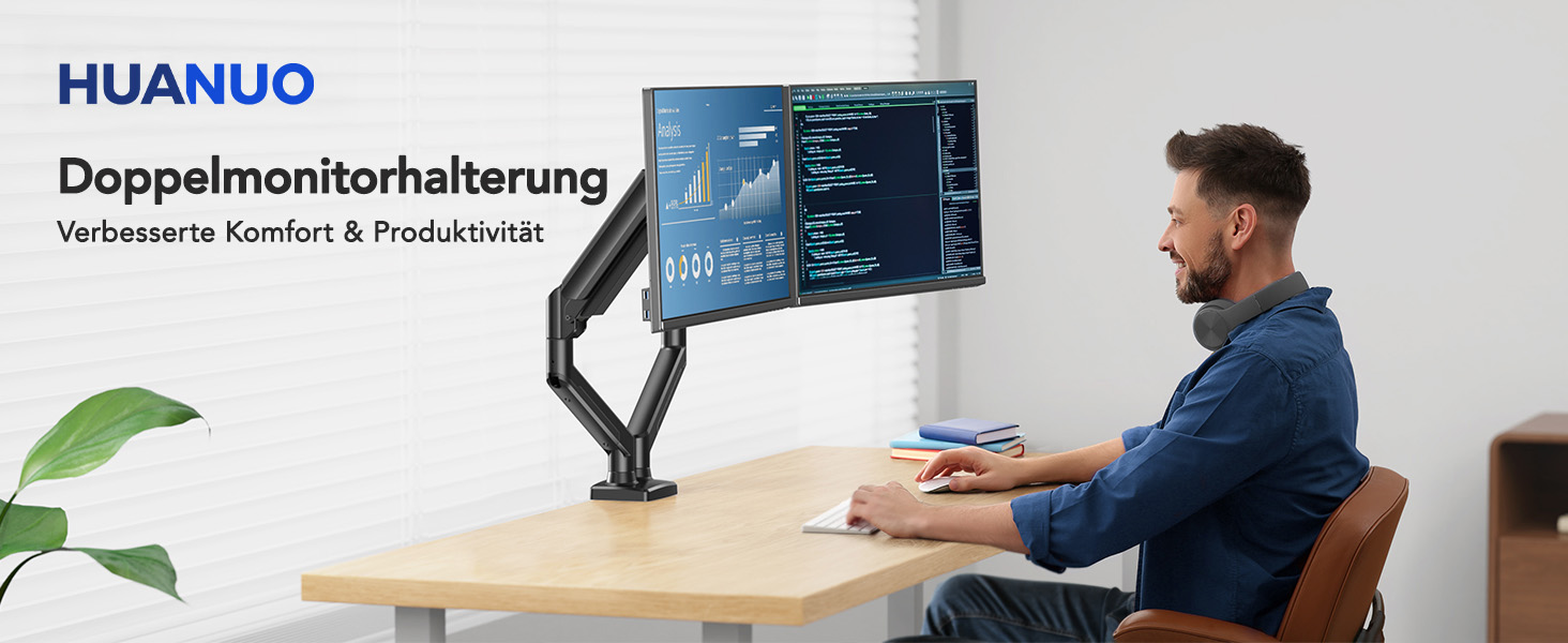 Кріплення для монітора HUANUO на 2 монітори, стабільне та ергономічне, до 32 дюймів, регульована висота, нахил та поворот, VESA 75/100, до 10 кг на кріплення