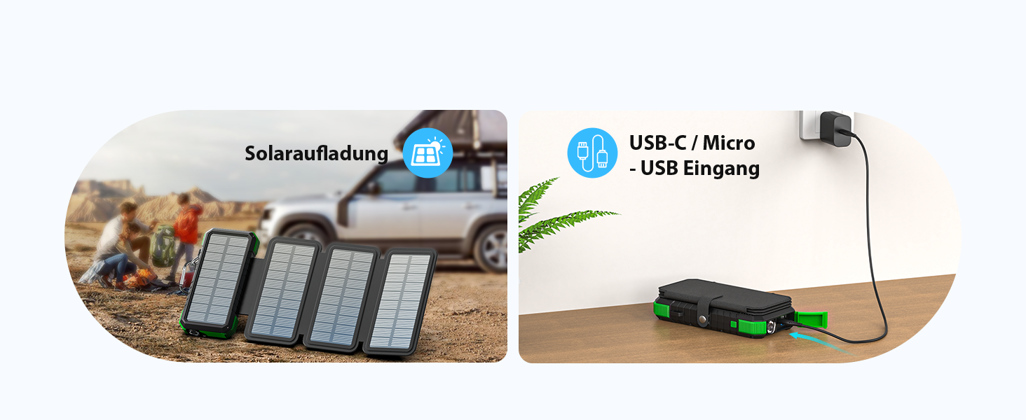 Сонячний Power Bank WASTDE 26800mAh з сонячною панеллю, чорний: зарядний пристрій для телефону, планшета, з ліхтариком (SOS), водонепроникний, для кемпінгу та подорожей