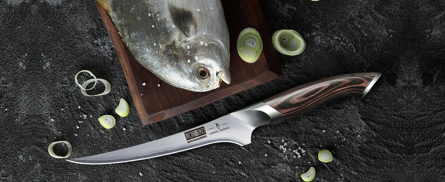 Ніж для філетування риби HOSHANHO 18 см, професійний ніж для риби та виймання кісток, ніж для філетування риби з надзвичайно гострим лезом та ергономічною ручкою з паккавуда, 18 см, срібний