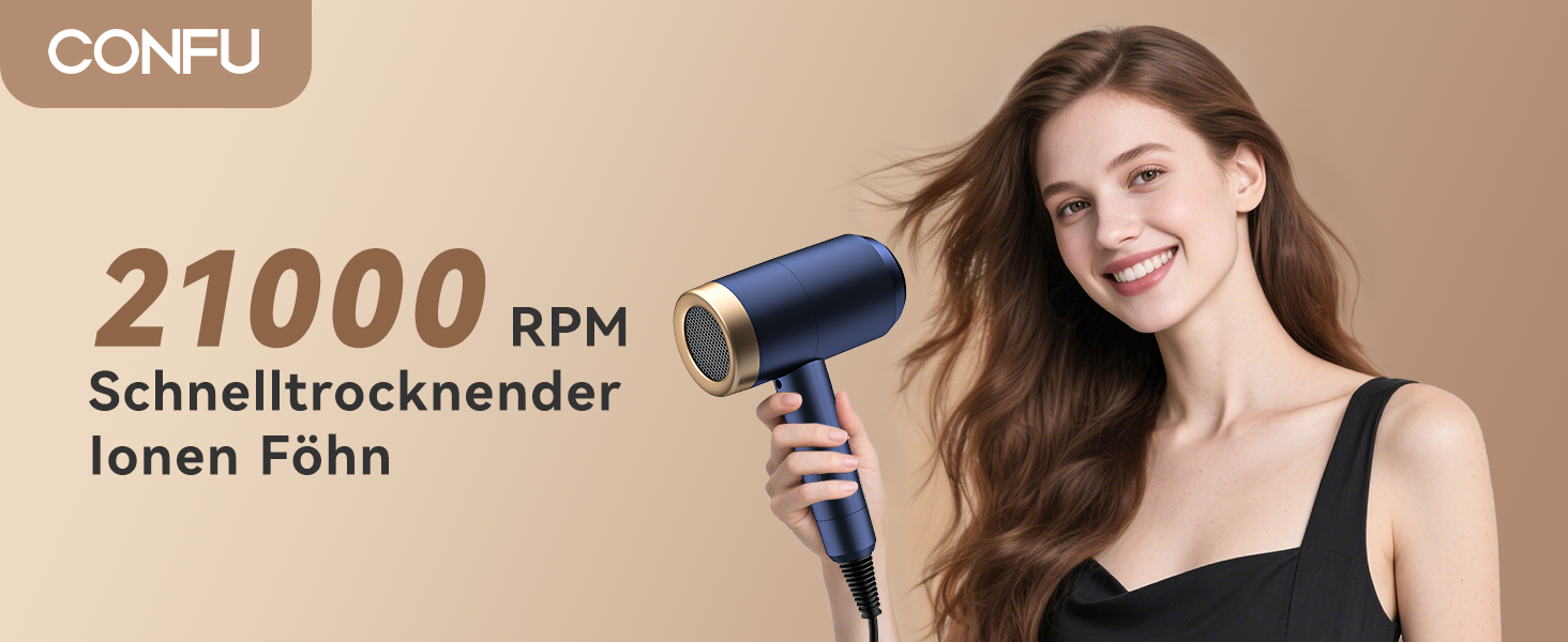 Іонізатор для волосся Föhn, 1800W, з насадкою-дифузором, 3 режими температури, безліч налаштувань швидкості, портативний фен, Marineblau (морський блакитний)