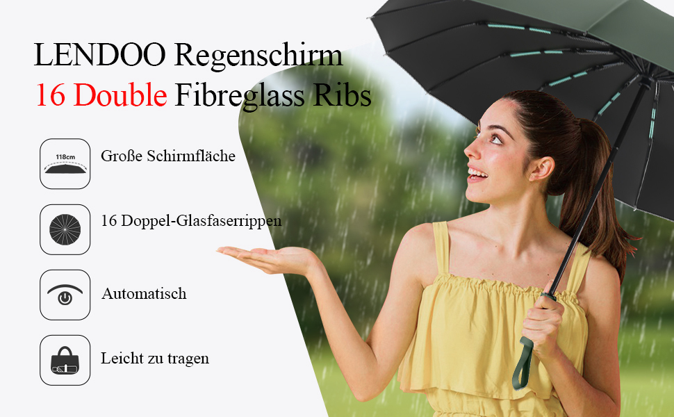 Стійкий до вітру парасолька-тростина, автоматичний, великий, з 16 ребрами, покриття Teflon 210T, захист від УФ-променів (зелений)