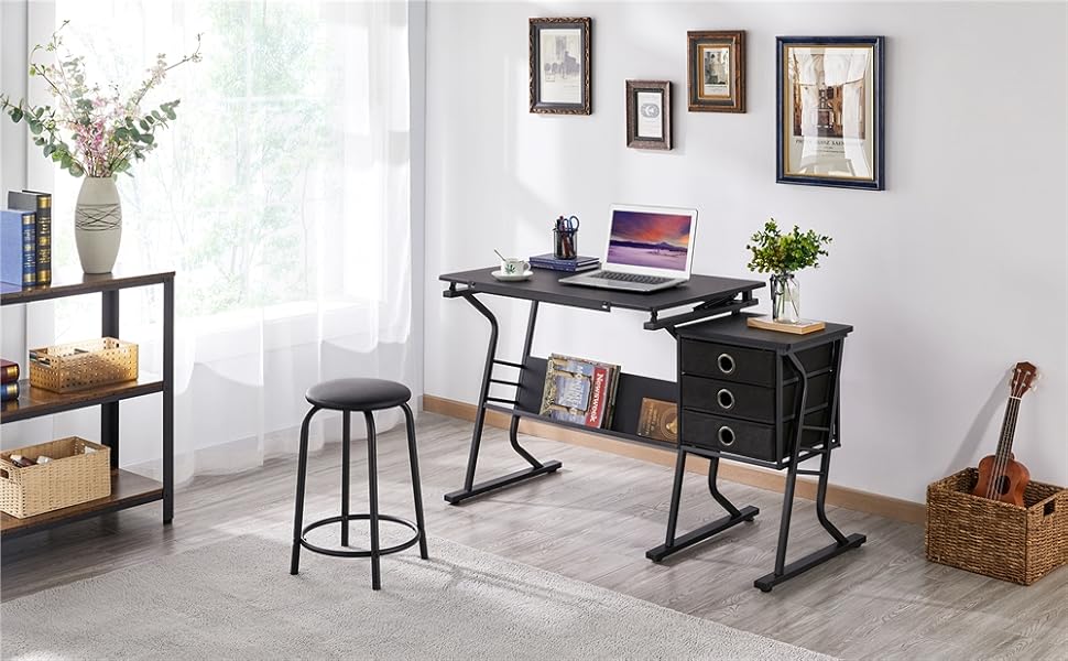 Yaheetech Kids Art Desk Set with Tiltable Tabletop, Side Table with 3 Drawers, Round Chair, and Storage Shelf for Writing, Reading, Painting, and Drawing