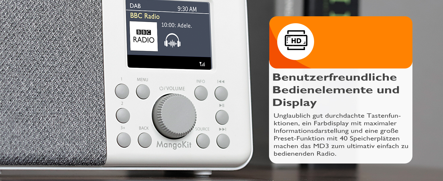 Портативне цифрове радіо MD3 DAB/DAB+/FM з Bluetooth, динаміком та навушниками, 40 станцій, будильник, годинник, таймер, кольоровий дисплей, батарея/мережа (сірий камінь)