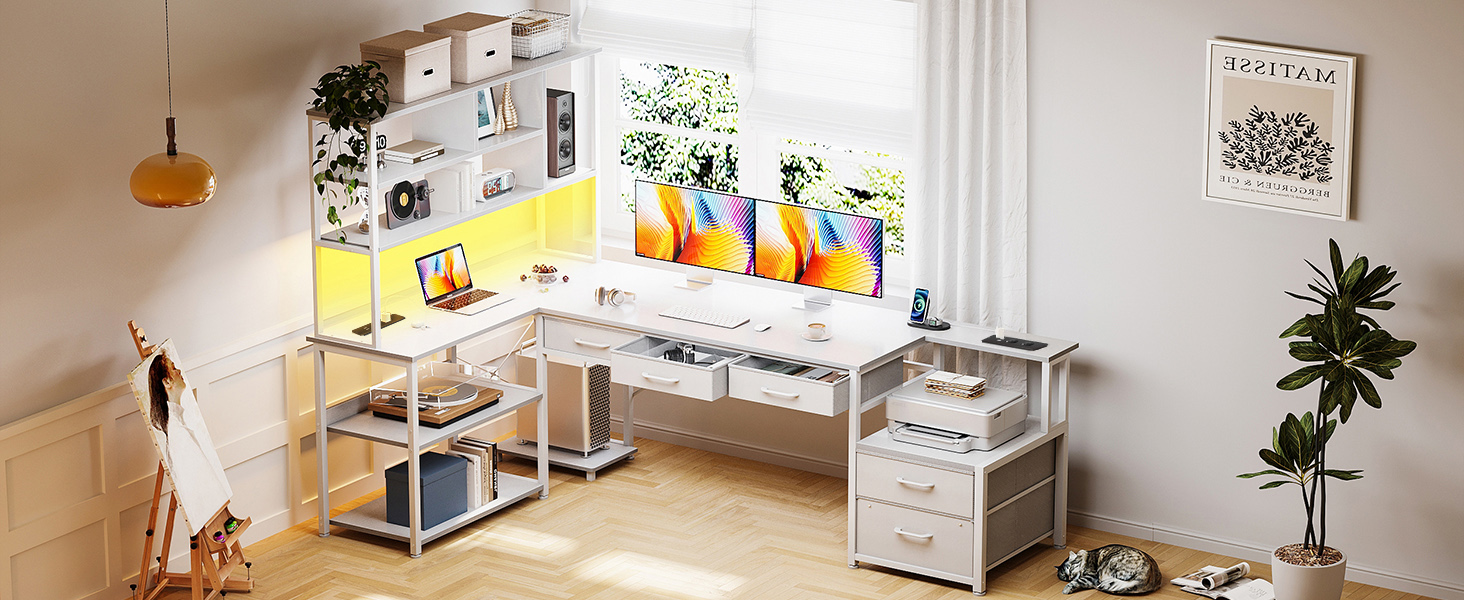 Комп'ютерний стіл Coleshome з 5 шухлядами та 4 полицями 180x100 см, L-подібний стіл з LED-підсвіткою, розетками та USB, великий стіл для home office, білий