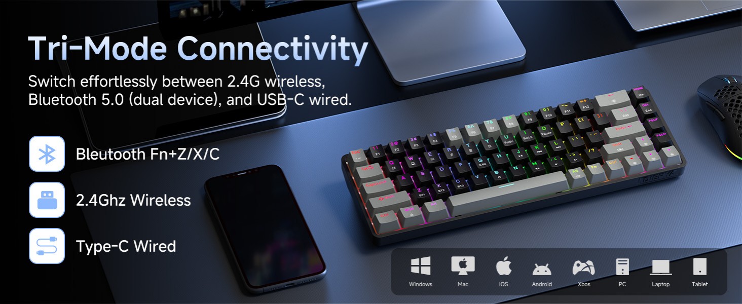 Dierya DK68 - Бездротова ігрова клавіатура з RGB підсвічуванням (68 клавіш, механічні перемикачі Red, QWERTY, Grey-Black)