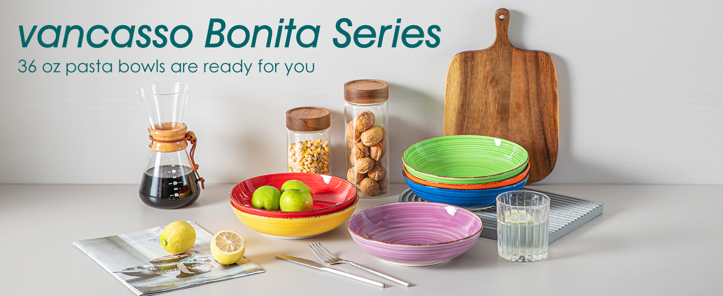 Набір тарілок для супу Vancasso Bonita, 6 шт. (38oz), для пасти, спагеті, рамену, салату, кераміка