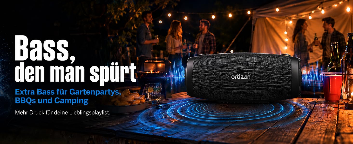 Ortizan Bluetooth колонка портативна 80 Вт, чорна: Водонепроникна IPX7, LED-підсвітка, Power Bank, до 12 год. роботи, Extra Bass