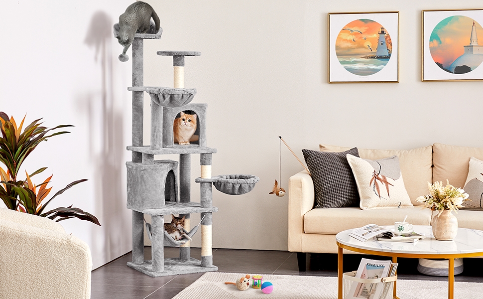 Кігтеточка Yaheetech XXL для котів, 175 см, для 3-4 котів, стабільна, з сизалевими стовпчиками, платформами, гамаком, м'ячиком, сірий колір