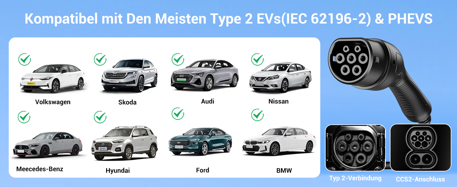 Портативний зарядний пристрій для електромобілів IEC 62196-2, 7,4 кВт, 7м, IP65, LCD, регулювання потужності та часу початку