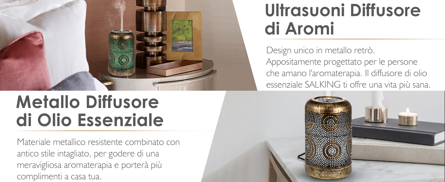 SALKING Аромадифузор, 100 мл, Металевий, для дому та офісу, з підсвіткою, 7 кольорів, для ефірних олій, зволожувач повітря, золотий