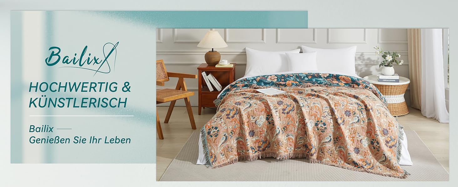 Богемна ковдра Boho 150x200 см з 100% бавовни, двостороння муслінова ковдра, плед для дивану та ліжка, patchwork, літня ковдра для вітальні, зелено-бежева (230x250 см, квіти та птахи)