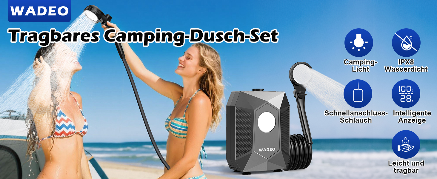 Портативна душова система WADEO для кемпінгу з акумулятором 6000 mAh, LED-підсвічуванням та IPX8 водонепроникністю, 5 режимів тиску. Комплект для відпочинку на природі, подорожей та догляду за тваринами.