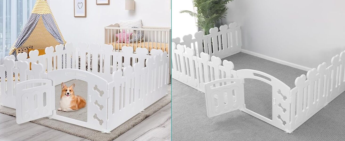 Льох для цуценят MAMIZO 60 см, огорожа для собак з пластикових панелей, портативна сітка для собак, загородження для собак з воротами, включає присоски та ґрунтові анкери, вольєр для собак для дому та вулиці (7+1, білий)