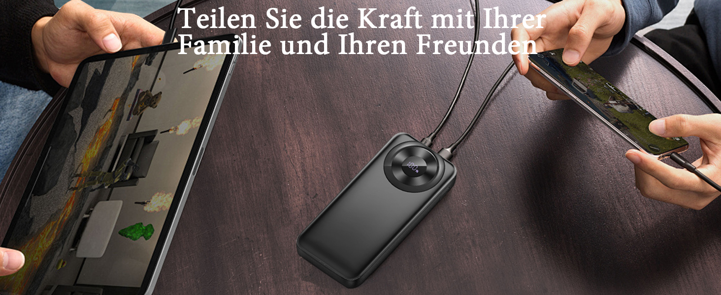 Портативний зарядний пристрій з вбудованими кабелями та роз'ємами, акумуляторний пак, сумісний з Android та іншими пристроями, чорно-жовтий