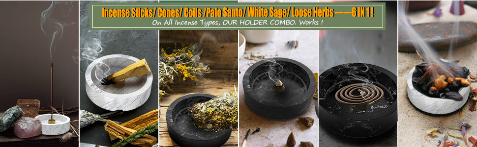 Incense Holder, Marble Incense Burner 2023 Upgraded Large incense holder for incense cones, Palo Santo cones, incense ash catcher with incense sticks as a gift (Black)