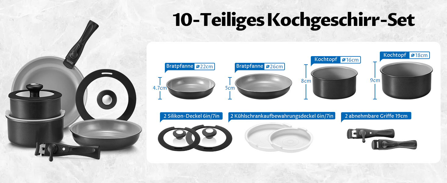 BEZIA Набір каструль та сковорідок з керамічним покриттям, 10 предметів, антипригарне покриття, здорове приготування їжі, для індукційних плит, складений для кемпінгу, сумісний з усіма типами плит, духовка, сірий колір