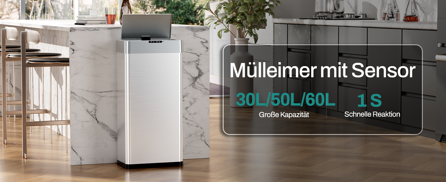 Сміттєвий відер LIFERUN з сенсором для кухні, 30 літрів, білий (XL-60L)