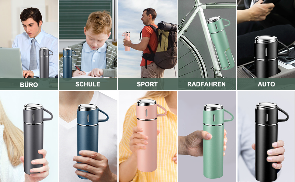 Stainless Steel Thermos Flask with Cup and Handle - 500ml Insulated Travel Mug - Leakproof, Double-Walled, Vacuum-Sealed - Keeps Hot/Cold for 12 Hours - for Kids, Sports, Outdoors (Black, Green)