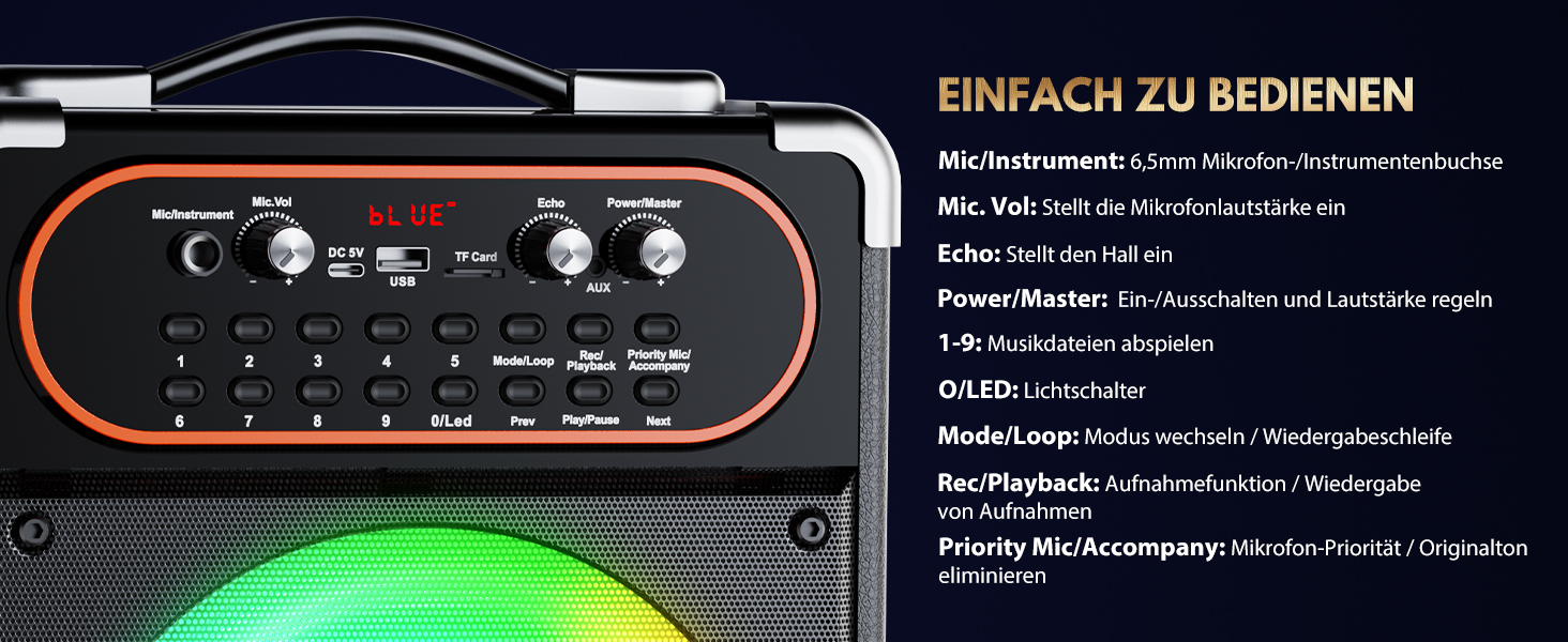 Караоке машина з 2 мікрофонами, портативна Bluetooth колонка з LED-підсвічуванням, Party Box, підтримує USB/TF-картку/AUX/FM, чорний S-68