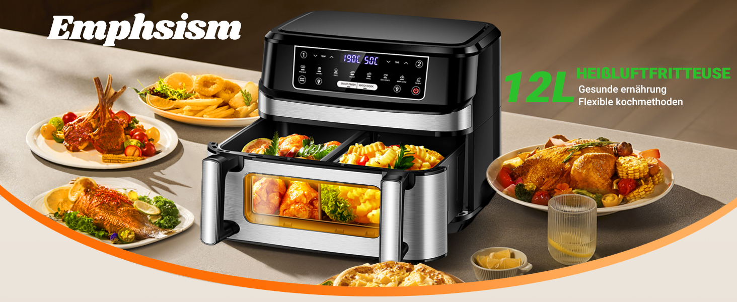 Фритюрниця повітряна подвійна 12л з 8 програмами та рецептами | Регулювання температури до 200°C, срібна