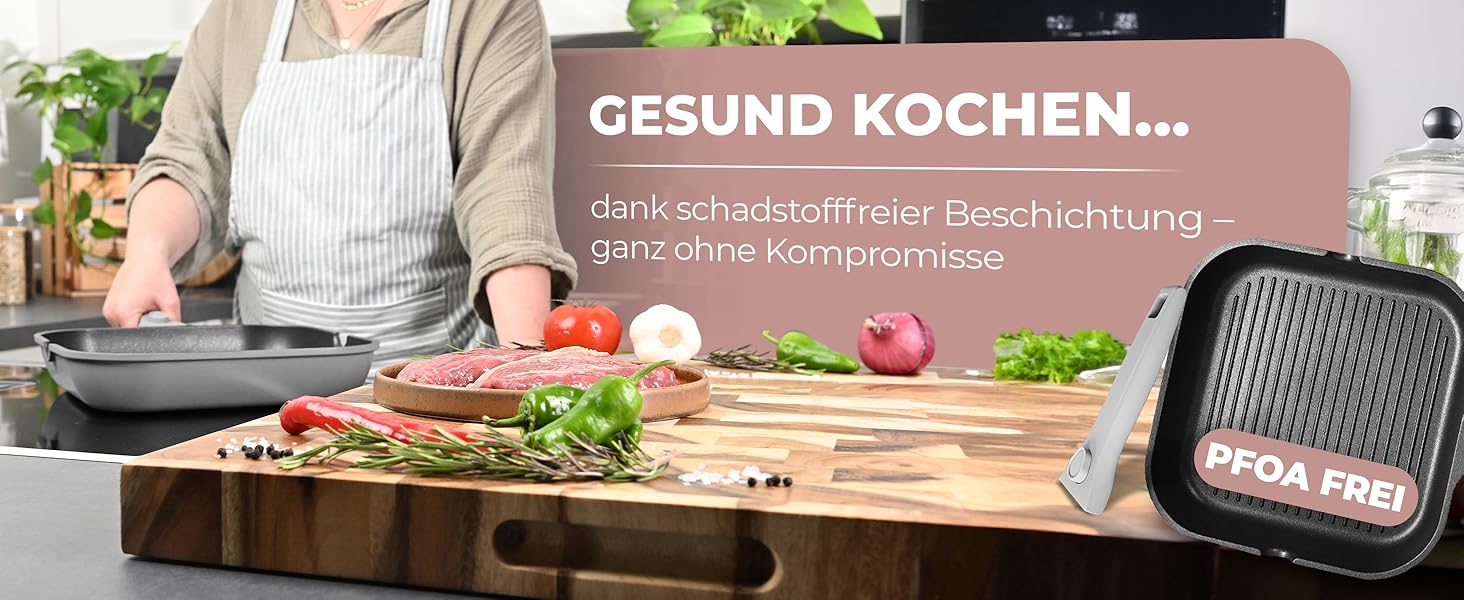 Гриль-сковорода NEU 28 см з виливом та знімною ручкою, антипригарна, без PFOA, для індукції, жаростійка, сіра