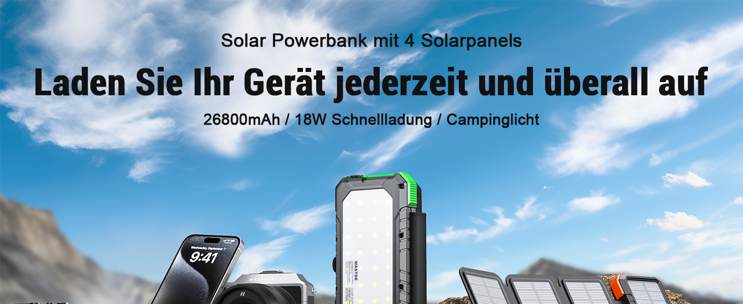 Сонячний Power Bank WASTDE 26800mAh з сонячною панеллю, чорний: зарядний пристрій для телефону, планшета, з ліхтариком (SOS), водонепроникний, для кемпінгу та подорожей