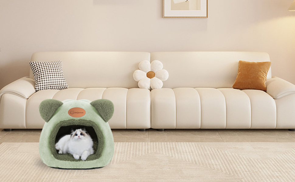 Кігтеточка-будиночок для котів: м'яке ліжко-хатинка з котячого притулку, тепле затишне місце для сну (зелене)