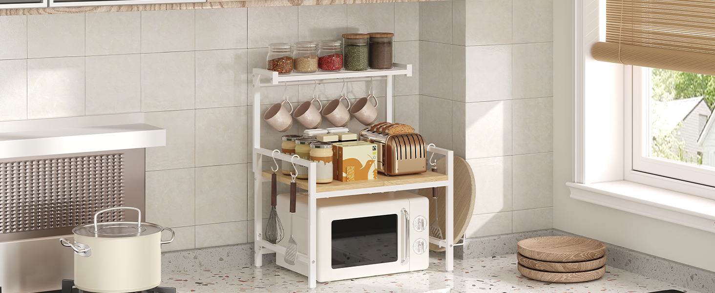 Поличка для мікрохвильової печі, кухонна поличка, 2 яруси, з підставкою для обробної дошки, органайзер з 8 гачками, коричнева, ABRBN5301