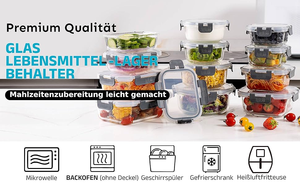 Набір контейнерів для їжі Igluu Meal Prep (12 шт.) – 1050 мл, Borosilikatglas, BPA-free, мікрохвильовка, духовка, морозильник, посудомийна машина, витікання