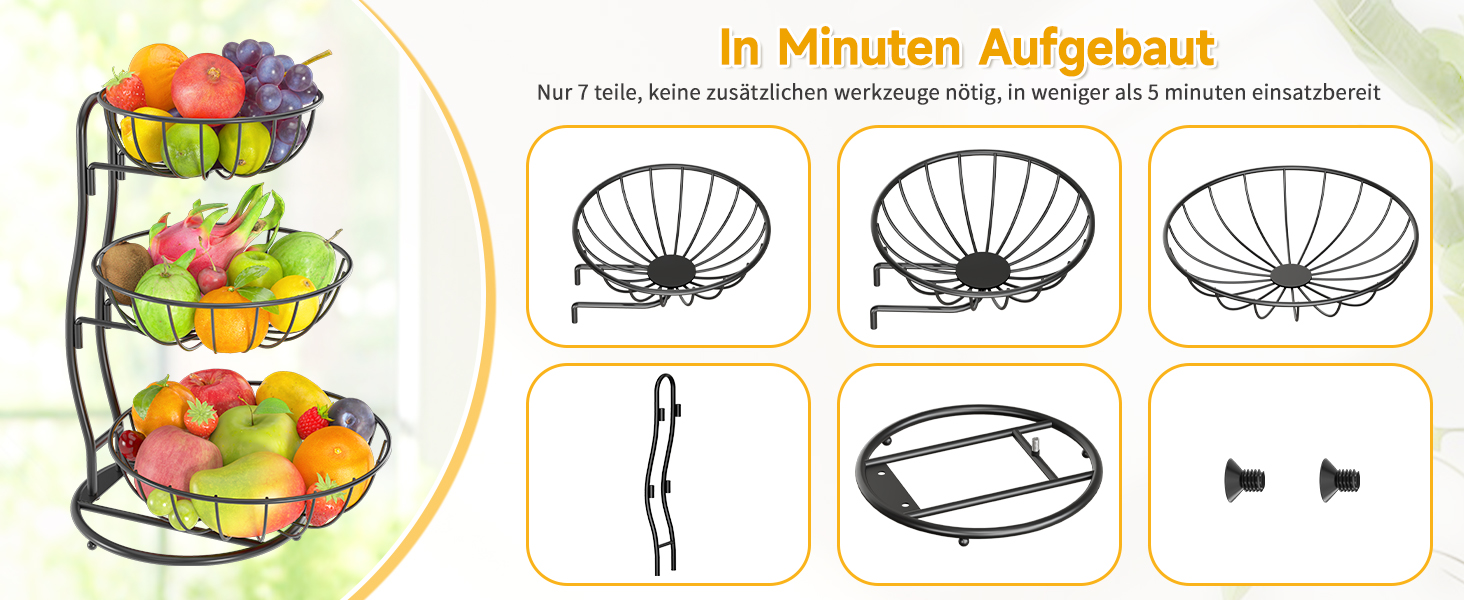 PouHenier 5-ярусная фруктова корзина для кухні, металева етажерка для фруктів та овочів, з тримачем для бананів, чорного кольору