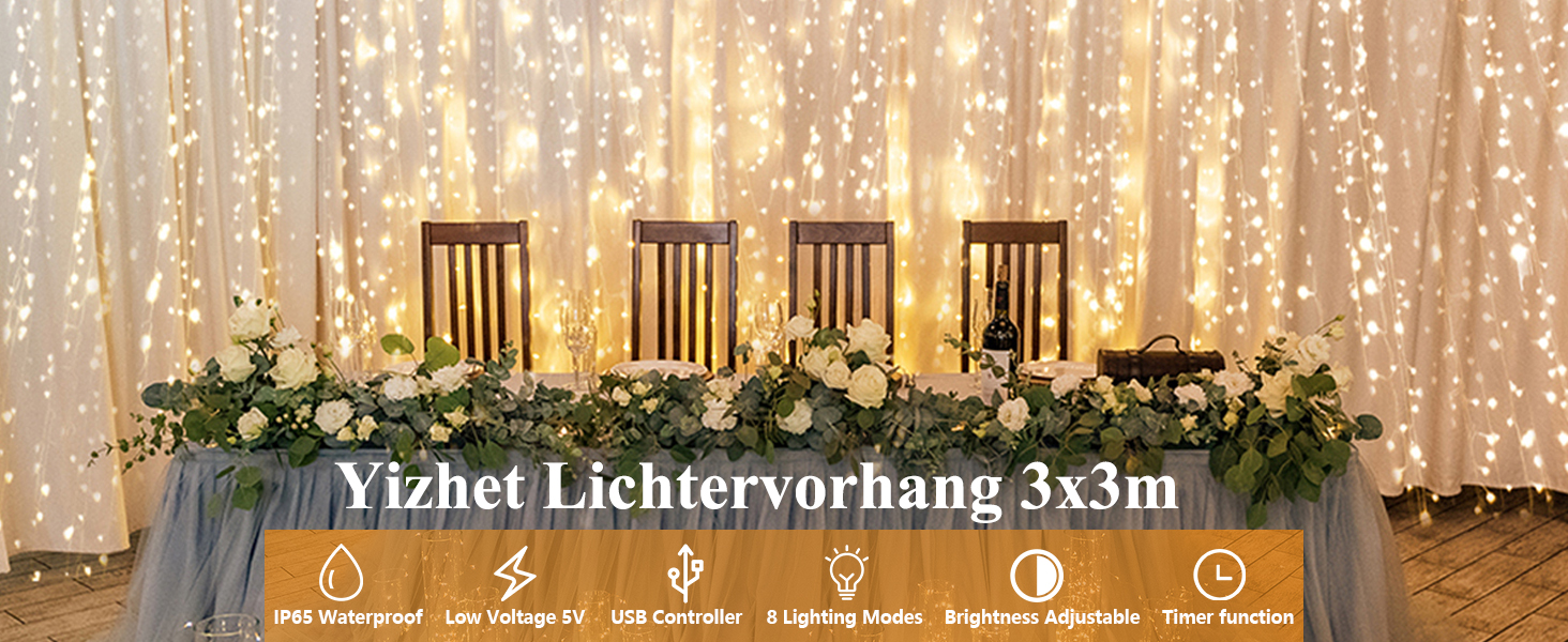 Льодогенератор Yizhet 3x3м з 300 LED (тепле світло) – вологостійкий декор для дому, вечірки, Різдва, тераси