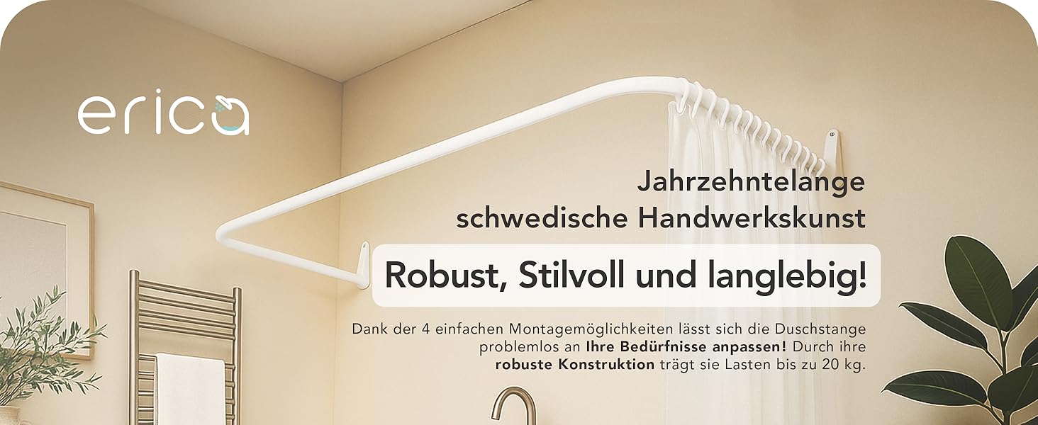 Штанга для душу Еріка L-подібної та U-подібної форми - 4-в-1 для ванни/душу - сталева з порошковим покриттям, біла (без кріплень до стелі)
