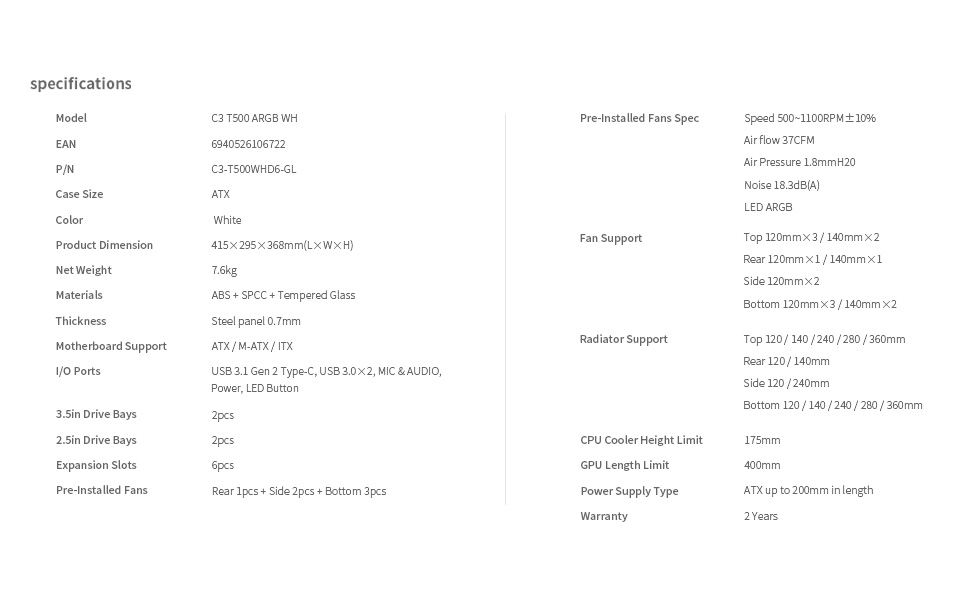 Корпус ПК Tower ATX C3T500 ARGB від PCCOOLER: 6 вентиляторів ARGB, підтримка RTX 40, скляна панель, безрамна конструкція (білий)