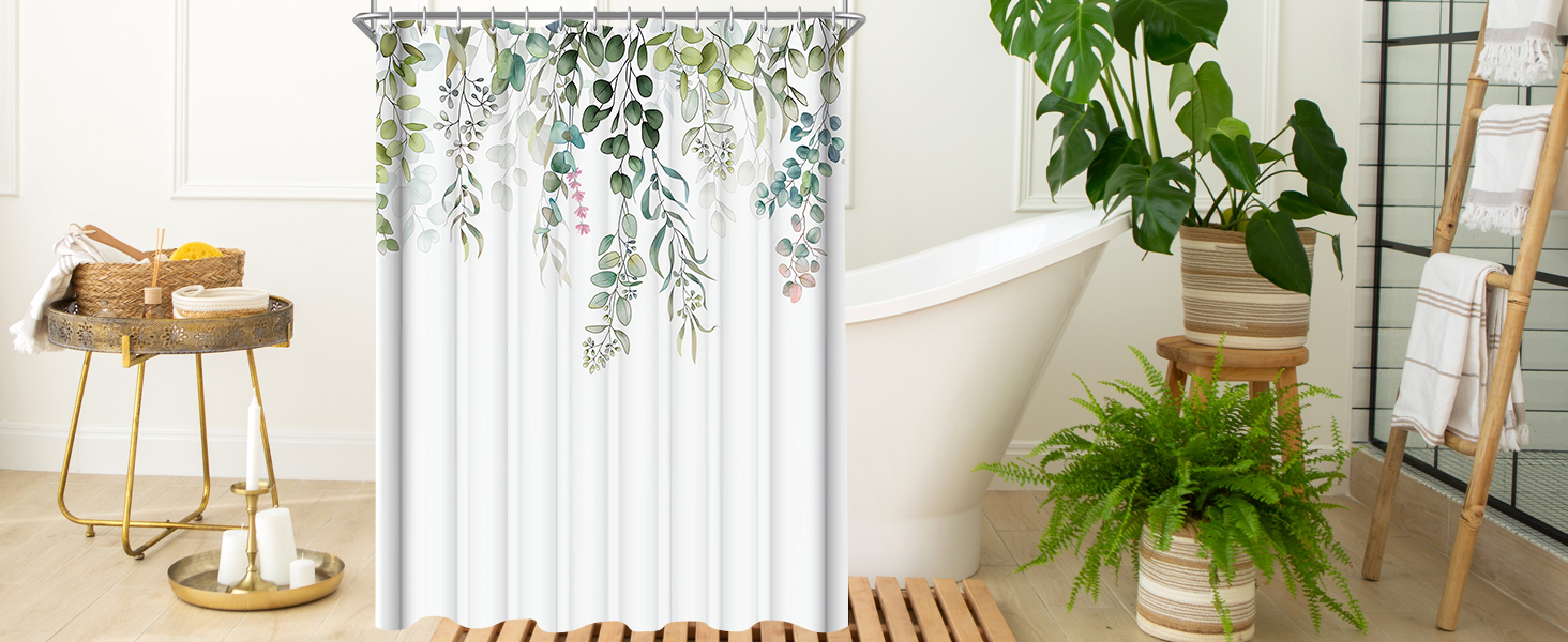 Штора для душу 200x200 см, зелені листя, антигрибкова, текстильна, водовідштовхувальна, пральна, поліестер, з кільцями (12 шт.) для ванної кімнати