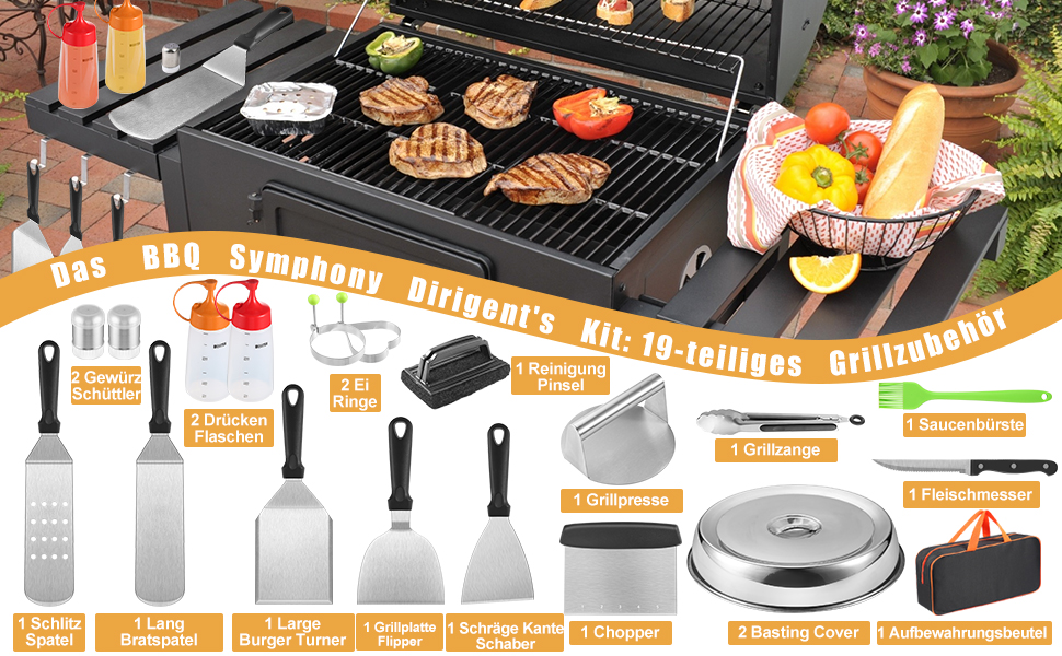 Набір гриль-посуду zycBernoi: 19 аксесуарів для гриля, метал, прес для бургерів, дзвоник, сумка для барбекю