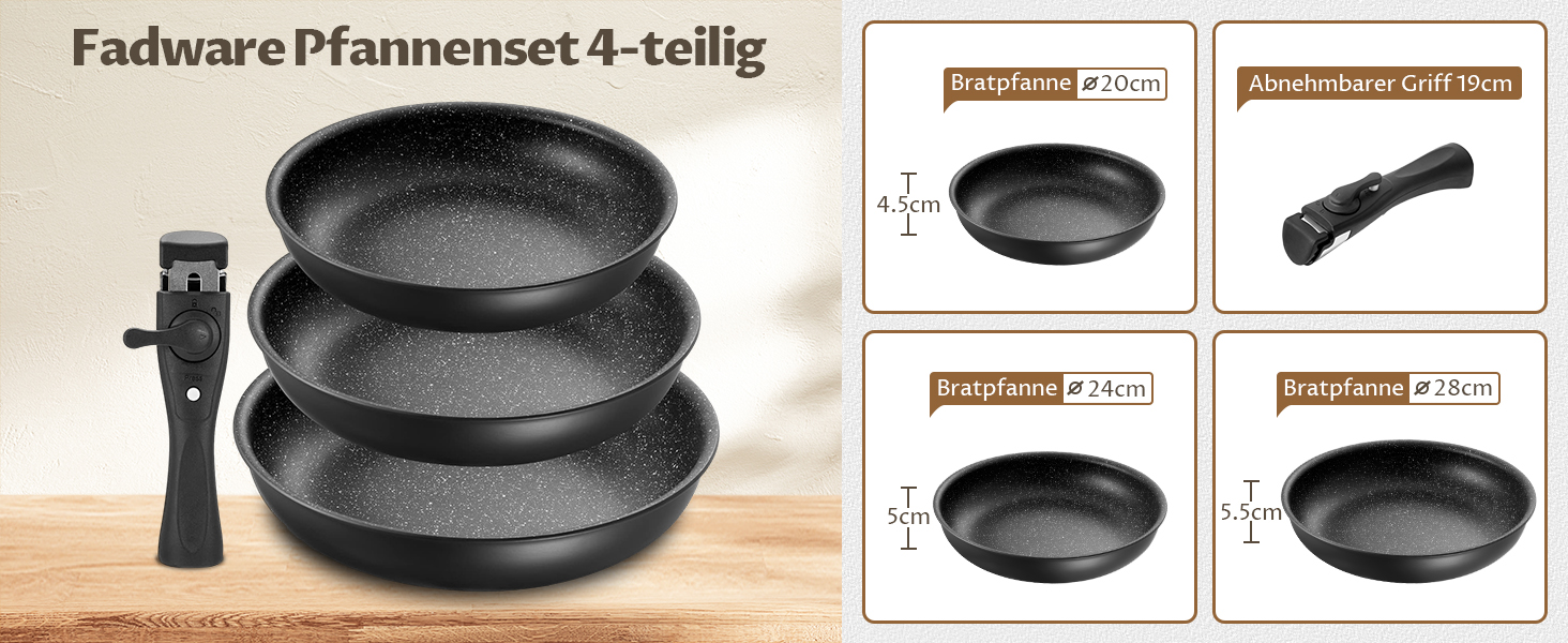 Набір сковорідок Fadware Induktion: антипригарне покриття, 20/24/28 см, знімний ручка, для всіх плит, PFOA/PFAS-free, для духовки, легке миття, для кемпінгу