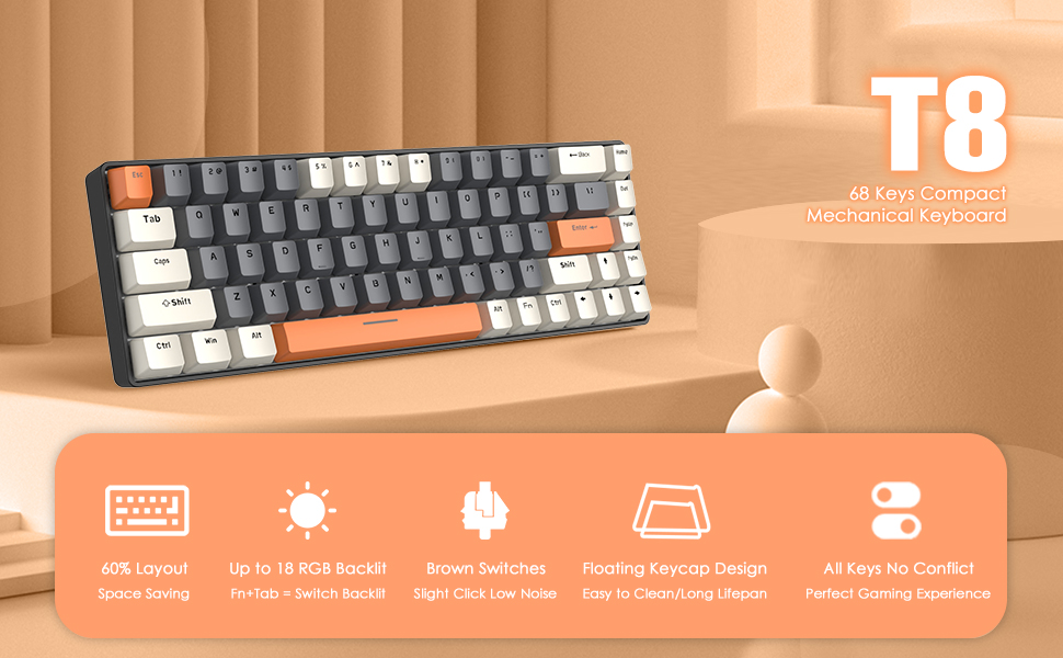 YINDIAO T8 Комплект ігрової клавіатури та миші RGB 60%, Механічна клавіатура TKL 68 клавіш, Миша з дизайном стільникового корпусу, до 6400DPI, для PC PS5, Сірий (Milchshake (Brown Switch))