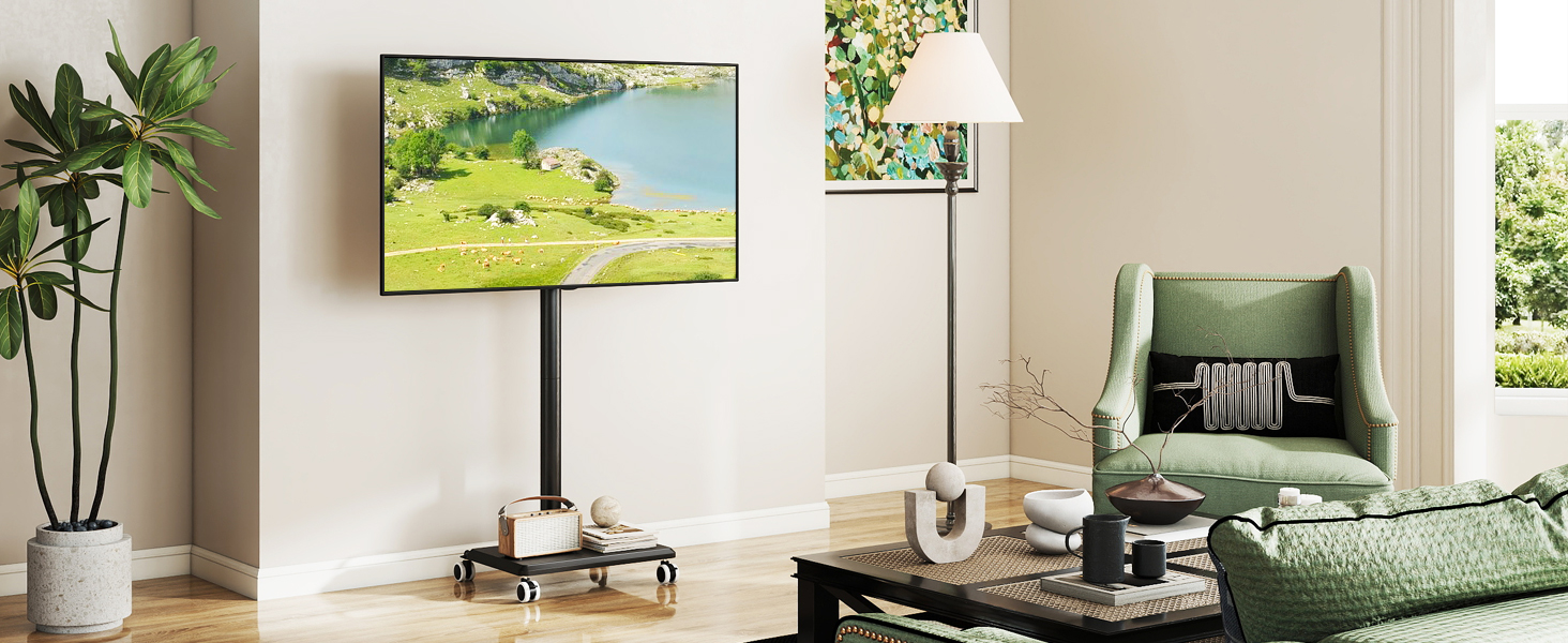 Мобільна підставка для телевізора з поличкою 27-60 дюймів, чорна. Регульована висота, поворотний механізм, VESA 400x400, до 40 кг