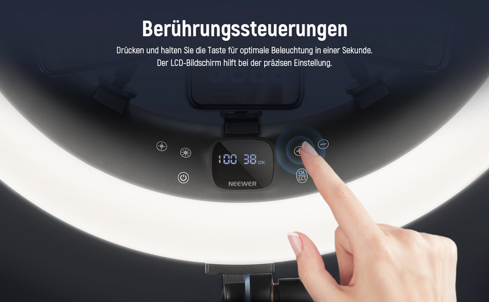 NEEWER Ringlicht RP19H 19 дюймів з триподом та 3 тримачами для телефону, дистанційне керування 2.4G, плавне регулювання яскравості, LCD та сенсорне керування, 42W CRI 97+ 2540 Lux, для стрімінгу, дому, офісу, Zoom, освітлення кільцеве світло з пусковим пристроєм