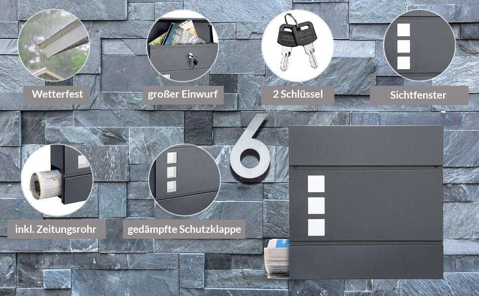 Поштовий ящик Monzana XXL з газетницею та оглядовим вікном, сталевий, антрацит, з ключем (2 ключі), для настінного монтажу