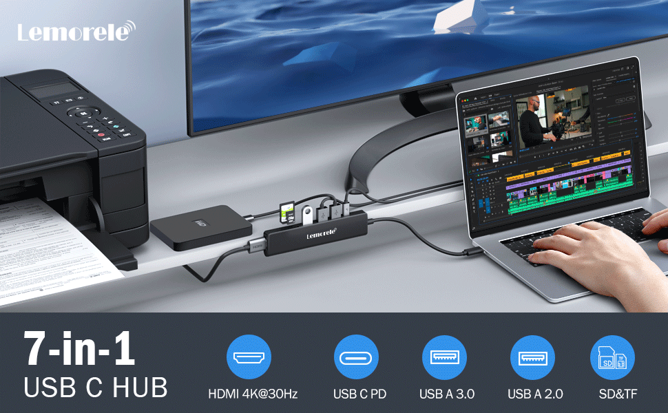 Lemorele Док-станція USB C хаб 11 в 1: 2*HDMI 4K, 3 USB 3.0/2.0, VGA, PD 100W, Audio, SD/TF, для Windows, MacBook, Dell, HP, Lenovo, Surface