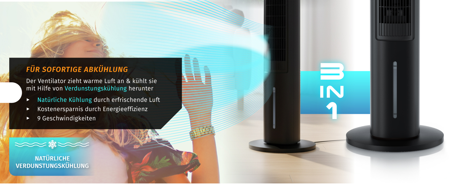 Вентилятор з водяним охолодженням Brandson ECO Design – тихий DC мотор, 9 швидкостей, таймер, іонізація, пульт керування (чорний)