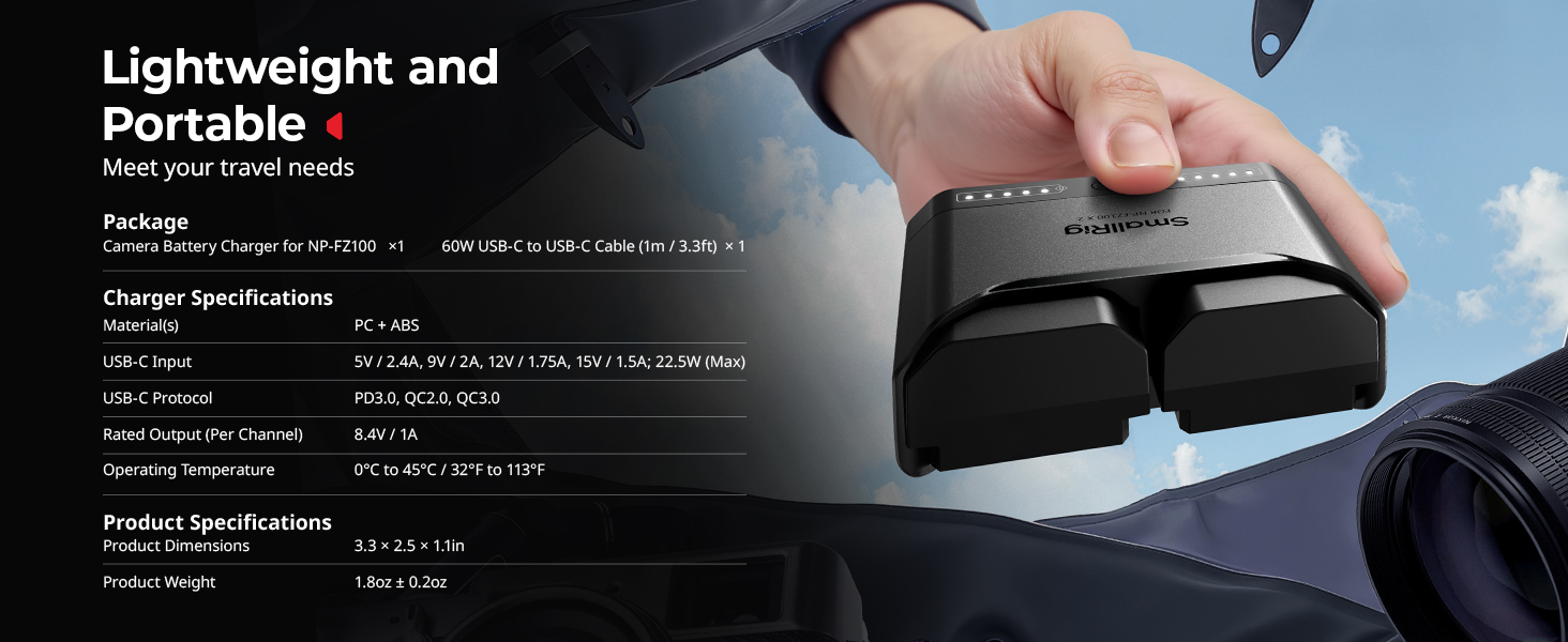 Зарядний пристрій SMALLRIG для акумуляторів Sony NP-FZ100 з двома USB-C портами, 22.5W, сумісний з Sony Alpha A7III, A7IV, A6700, FX3, FX30, A9, A7C, A7CII, A7RIII, ZV-E1, ZV-E10II