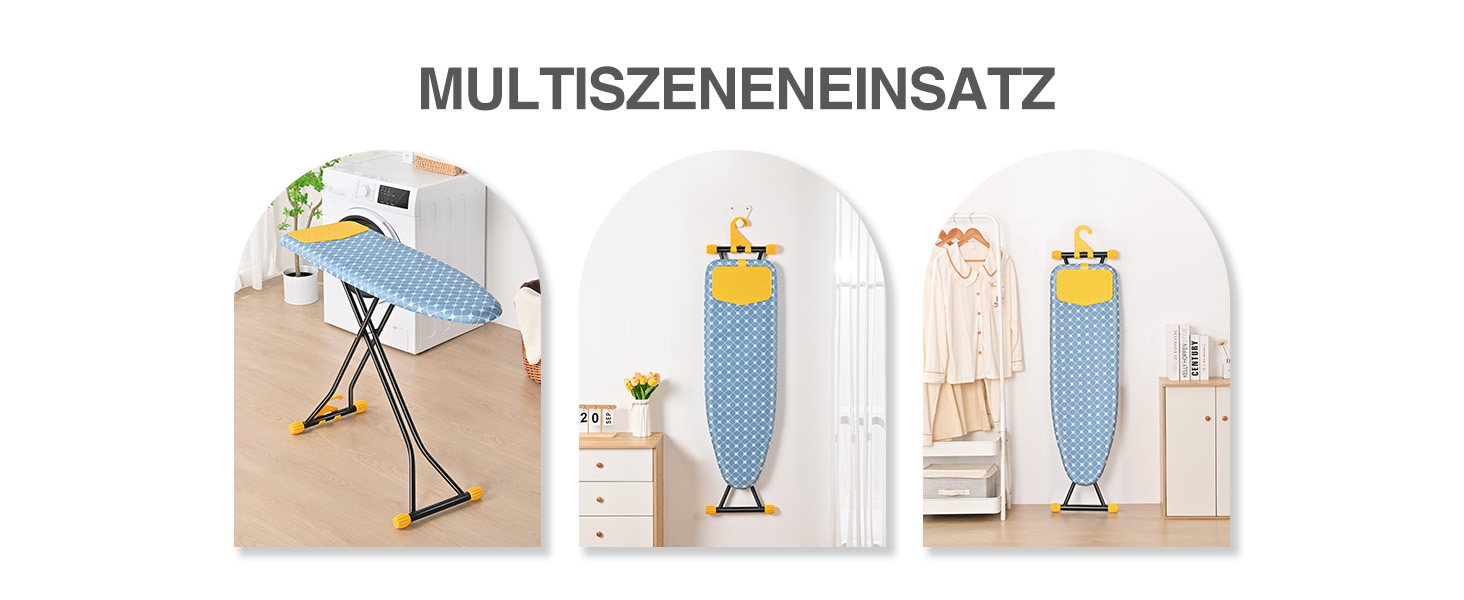 KINGRACK Прасувальна дошка з інтегрованою підкладкою з силікону, компактна та економна, з надзвичайно товстою поверхнею, 7 рівнів регулювання висоти, для підвішування на стіну та у шафу – 38x121 см, жовта