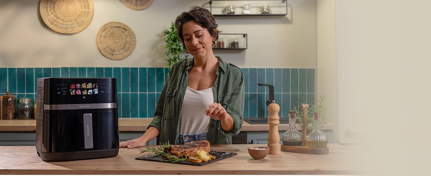 Фритюрниця Cecotec Cecofry & Grill Duoheat 8000 з двостороннім грилем, 8 л, 2200 Вт, чорна – аерофритюрниця для смаження та грилю