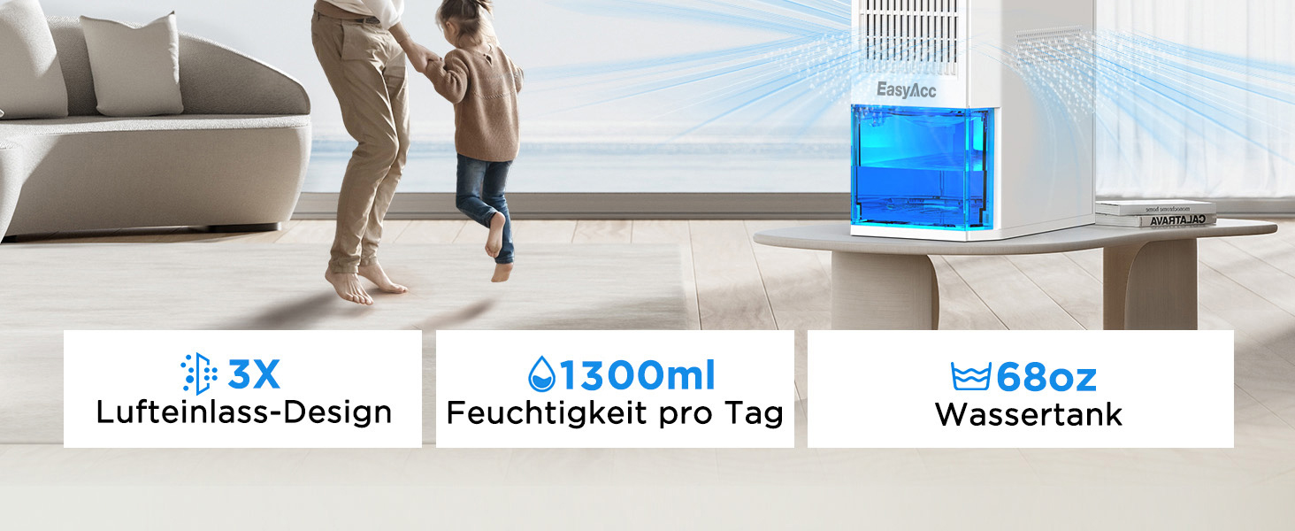 EasyAcc Електричний осушувач повітря 1200 мл, енергозберігаючий, тихий, портативний, з автовимкненням та режимом сну. Ідеально для офісу та дому (2000 мл, кремовий)